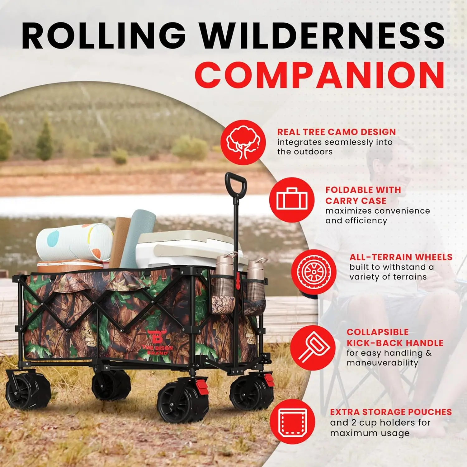 Heavy Duty Folding Wagon Cart With Wheels - Collapsible Wagon With Tree Camo Design, 2 Drink Holders & Carry Case - All Terrain