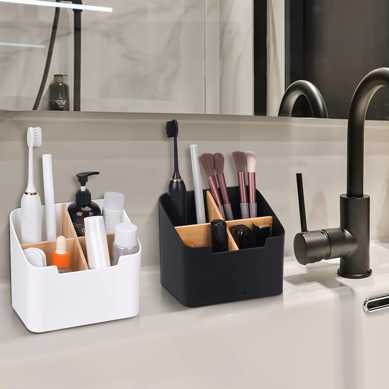 Organizador de escritorio de bambú y madera con 4 compartimentos - Divisores extraíbles para brochas de maquillaje, artículos de papelería y mandos a distancia