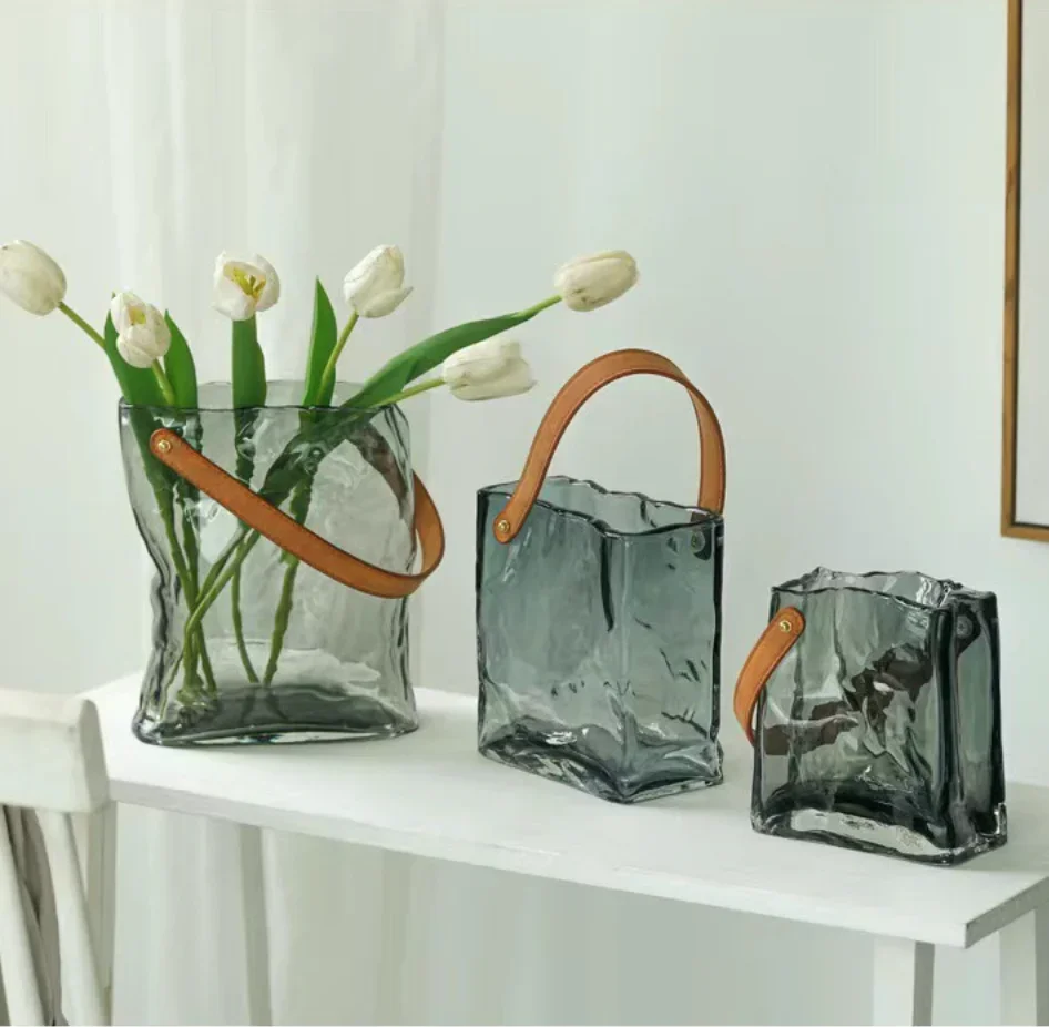 Creative net red belt handbag glass vase flowers green plants hydroponic flower arrangement living room decoration glass vase