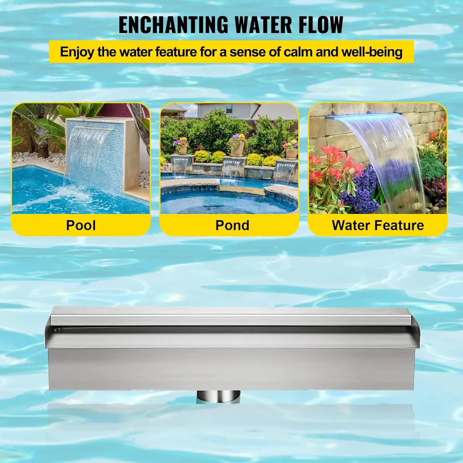Fuente de piscina Cascada de piscina de acero inoxidable 11,8" x 4,5" x 3,1" con tira de luz LED Cascada Spillway con tubo