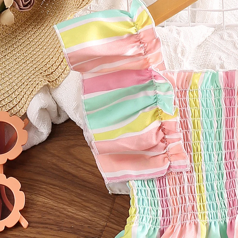 Girl Summer New Colorful Striped Flutter Sleeve Smocking Lace A-line Knee-length Skirt Fashion Sweet Daily Casual Vacation Dress