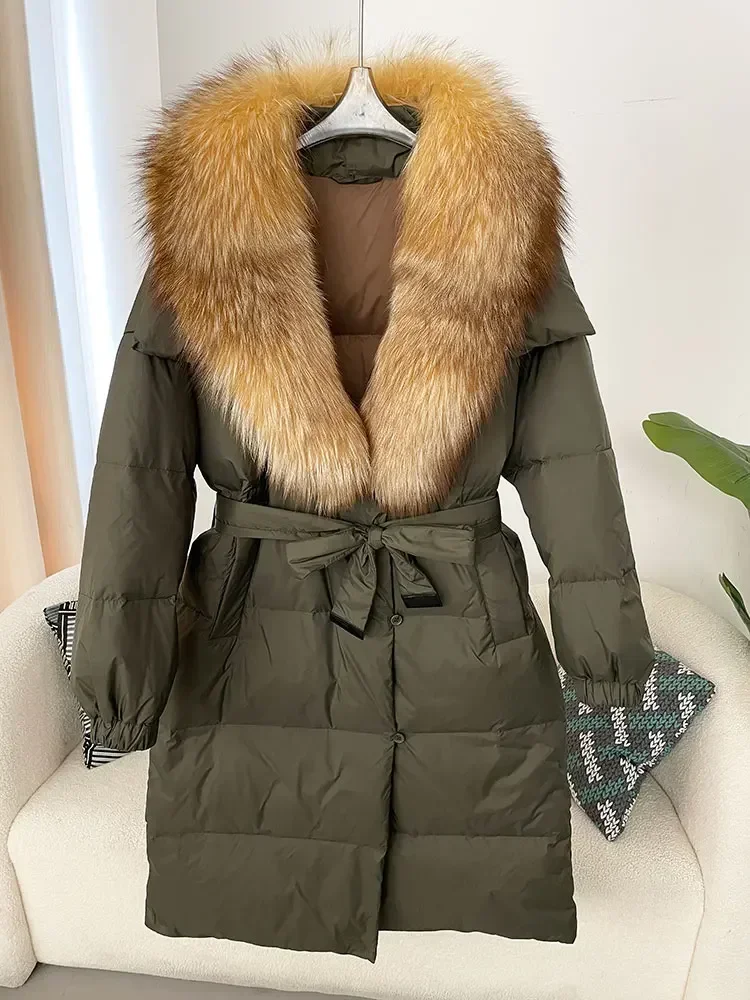 MENINA 2024 Winter Jacket Women Natural Real Fox Raccoon Fur Collar 90% White Duck Down Coat Thick Warm Belt Casual Outerwear