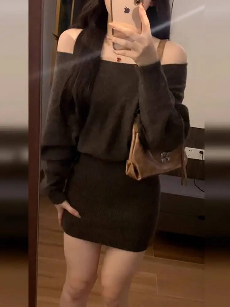 Women Knitting Dress With Belt 2025 Autumn New Women's Dress Off The Shoulder Long Sleeve Knit Slim Fit Bodycon Midi Dress