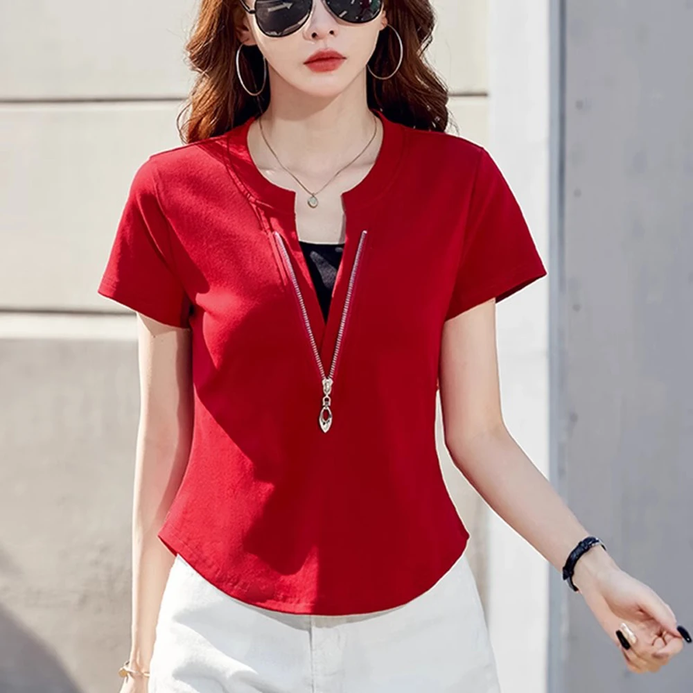Korean version wine red short sleeved T-shirt for women's summer new fashion plus size fake two-piece V-neck short casual top