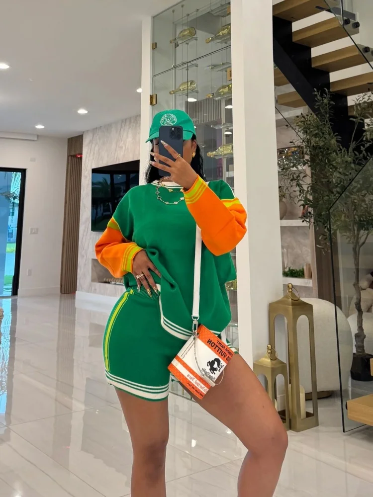 

Костюм Sister Star, модный спортивный и досуг с цветными блоками, с длинными рукавами и короткими секциями, вязаный темпераментный комплект из двух предметов для поездок на работу