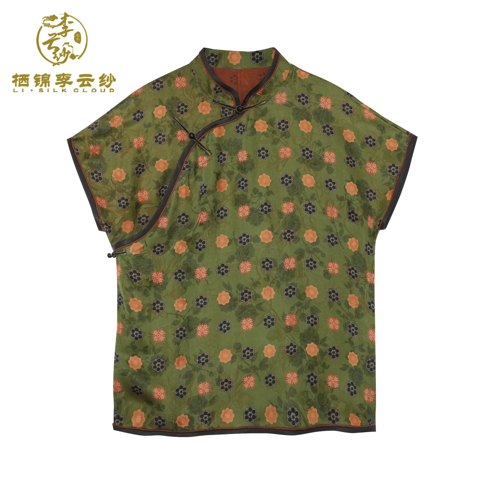 LI SILK CLOUD xiangyunsha Stand-Collar Short Sleeve Top，Ancient Style Oriental Patterns Guangdong Black Pearl  Guangdong Gauze