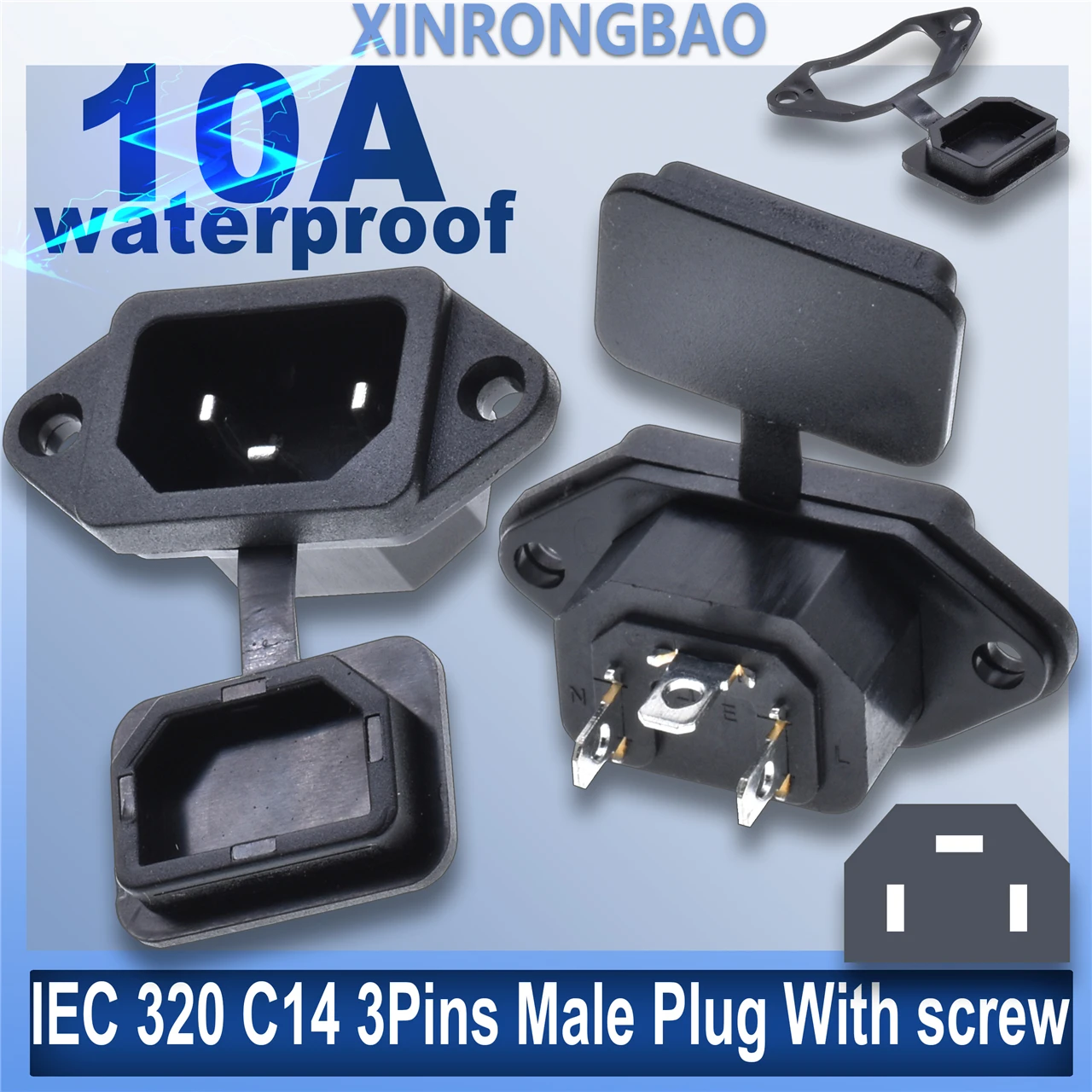 IEC320 C14 Plug Connector 3Pins10A AC Electrical Panel Mounted Power Socket With Waterproof PVC Cover For Car Motorcycle Trailer