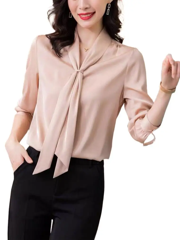 

Elegant artificial silk tops Autumn Women Fashion Long Sleeves Satin Blouse New Spring Vintage Femme Oversized Street Shirts