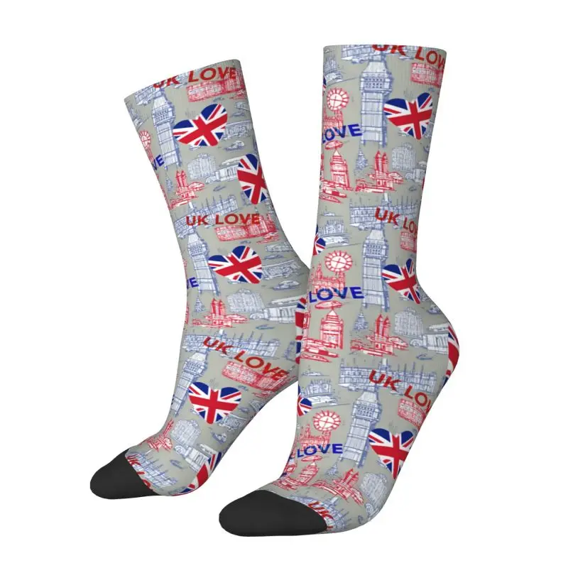 

Custom Cool Printed Flag Of The UK Love Socks for Men Women Stretchy Summer Autumn Winter Crew Socks