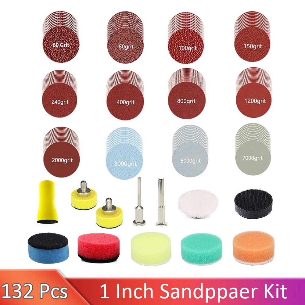 

132 Pcs 1 Inch Sandpaper 40-7000grit Sanding Disc with Shank Backer Plate and Soft Foam Buffering Pad Grinding Abrasive Sponge