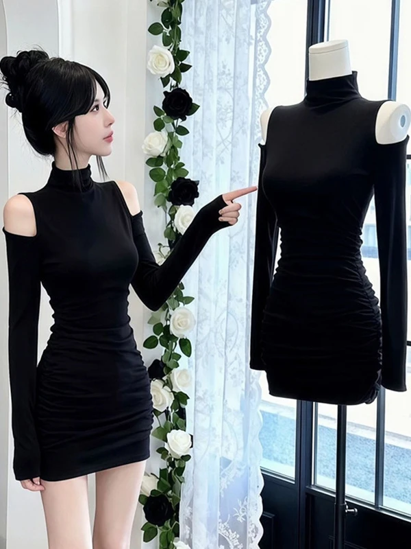 

Sexy oulder Bared Long Sve Dr Women's Autumn Winter Pure Bla High Collar Bodycon Skirt Design Sensation for La...