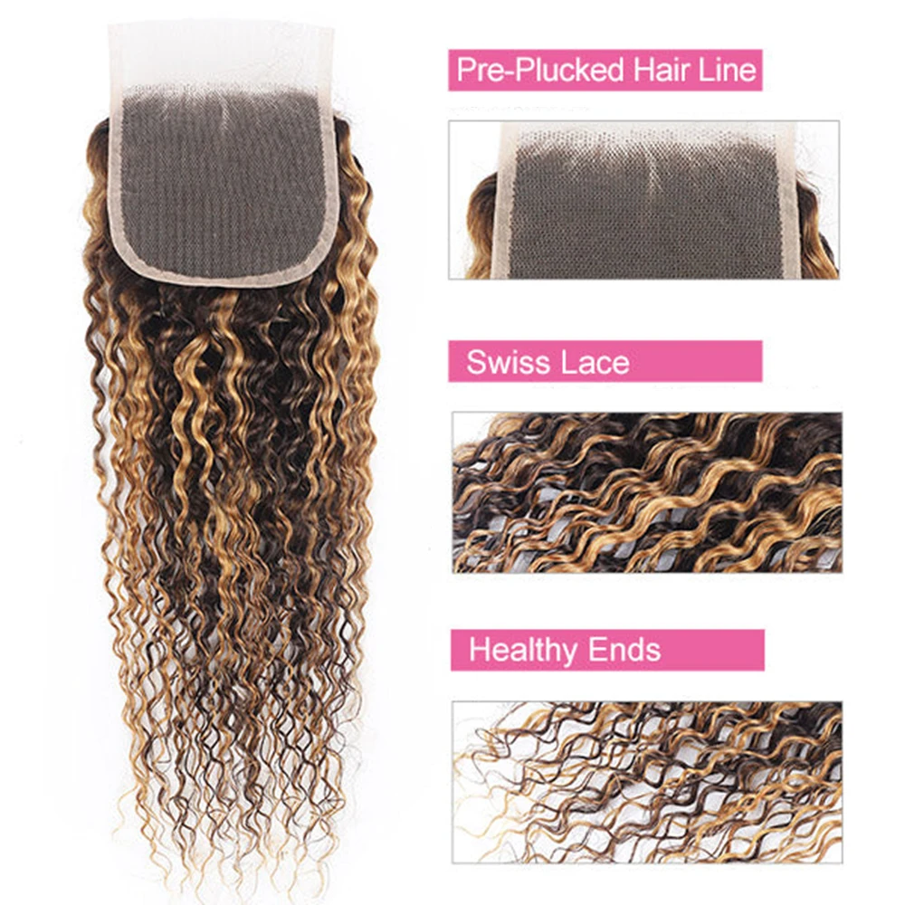 P4/27 Honey Blonde And Brown Jerry Curly Human Hair Bundles With 4x4 Lace Closure Peruvian Remy Hair Extention 220g/Set 10-24 In