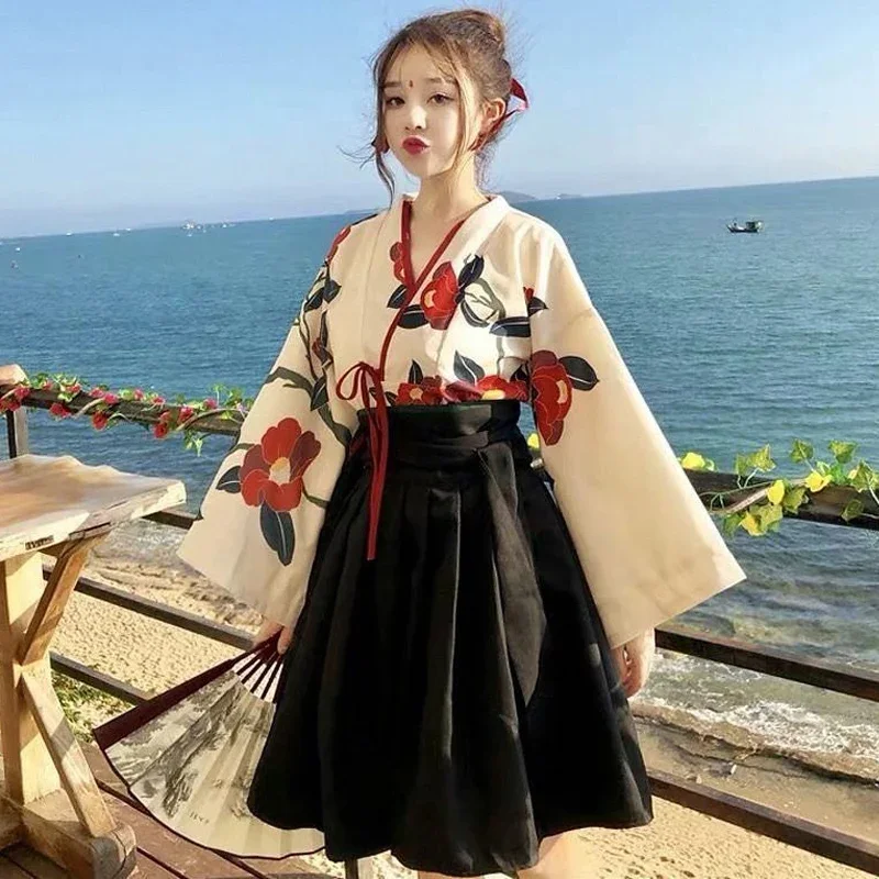 Japanse traditie kimono kostuum bloemen shirt blouse tops plooirok vrouwen gewaad bloem yukata jurk lolita festival outfit