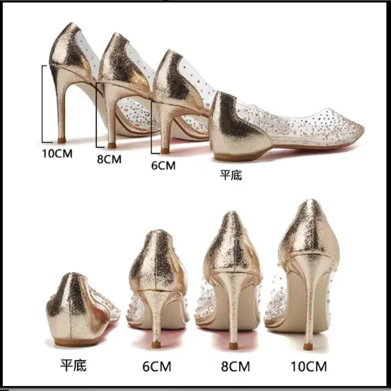 New rhinestone transparent French high heels for women, slim heels, pointed toes, versatile, internet famous, sexy single shoes