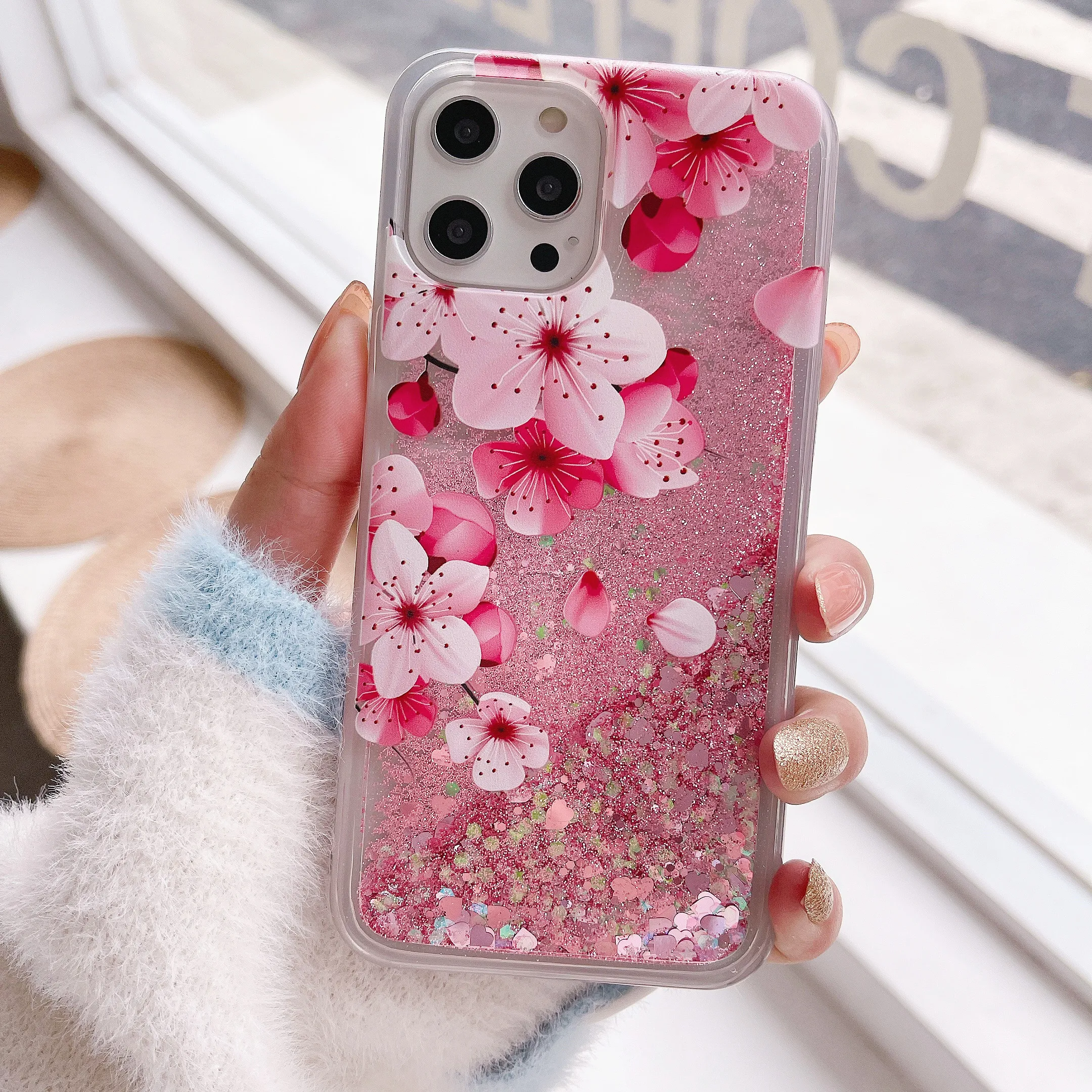 Peach Blossom Petals Quicksand Case for iphone 16 15 14 13 Pro Max 15 Plus Soft Protective Women Glitter Liquid Cell Phone Cover