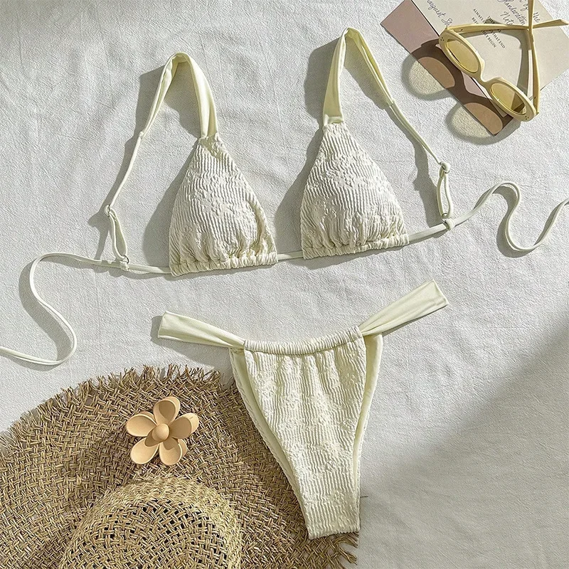 

Sexy Solid Beige Ribbed Bikinis Sets Two Pieces Halter Tie Thong Bikini Swimwear Bathing Suit Beach Outfits Biquini Tankini