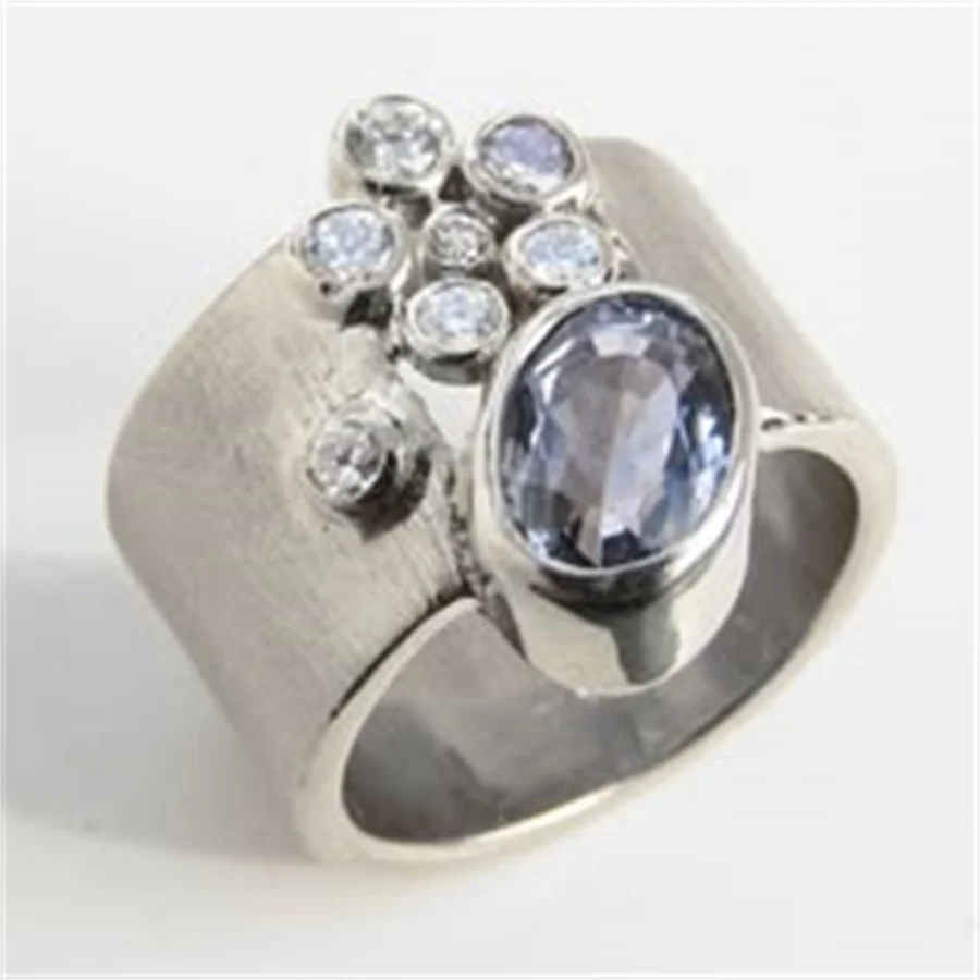 Dazzling Inlaid White Sea Blue CZ Women's Ring Trendy Silvery Color Geometry Daily Wear Party Jewelry Anniversary Gift