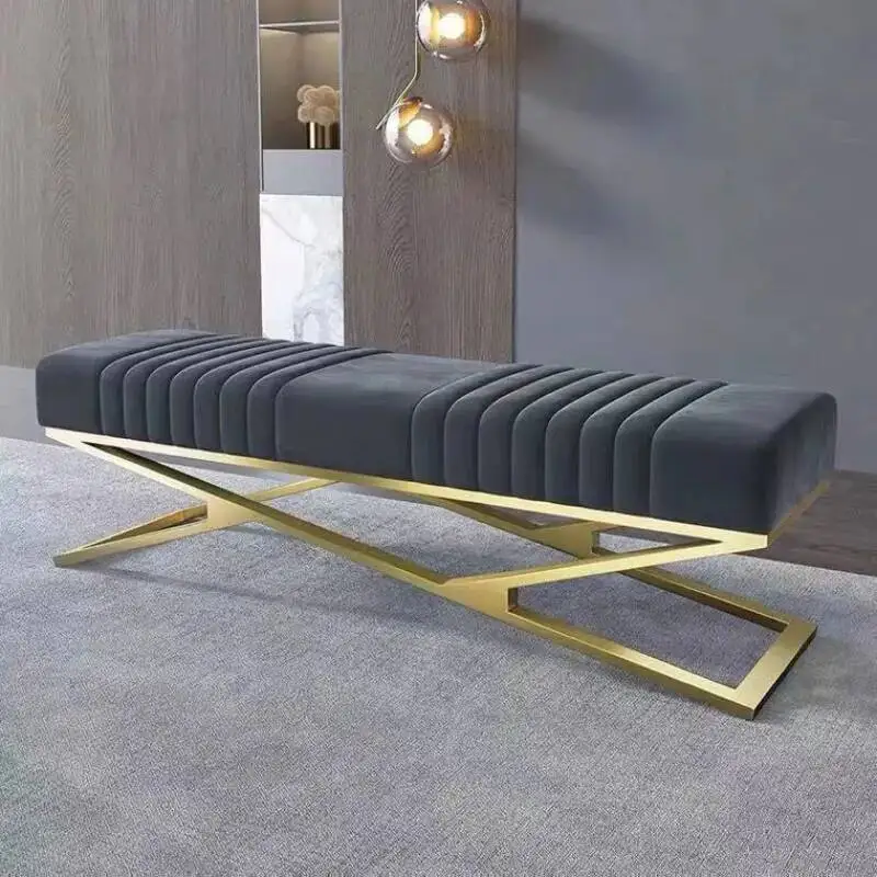Light Luxury Channel Tufted Velvet Bench Upholstered Seat with Cross Metal Base - Modern Decor Bench for Living Room Bedroom