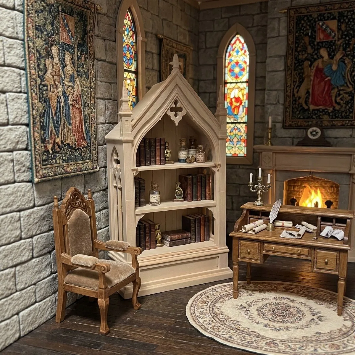 Gothic Style Miniature Bookcase 1:12, Dark Decor Bookshelf for Dollhouse Study, Vintage Display Cabinet for Micro Scene