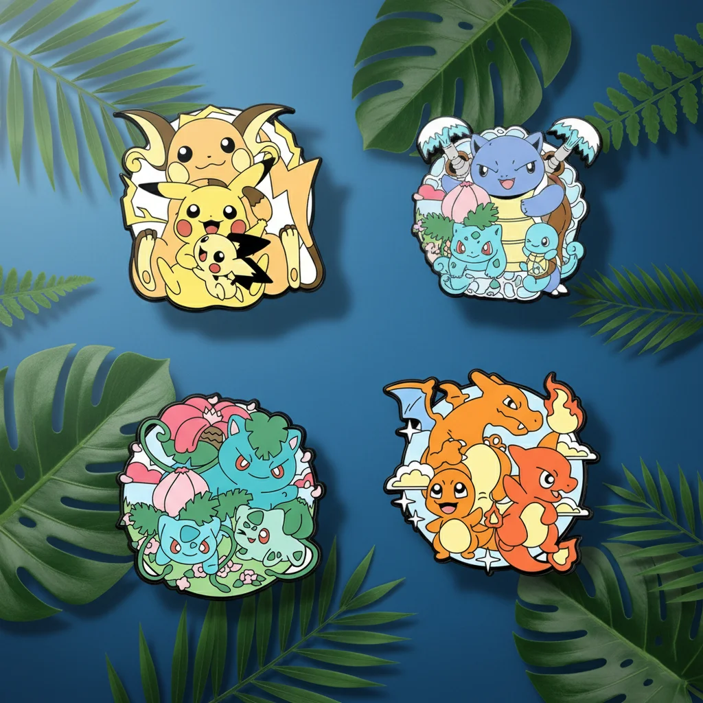 1/4 Uds. Alfileres esmaltados de Pokémon-Pikachu Squirtle Bulbasaur Charmander lindos broches de Anime japonés para accesorios de mochila judío