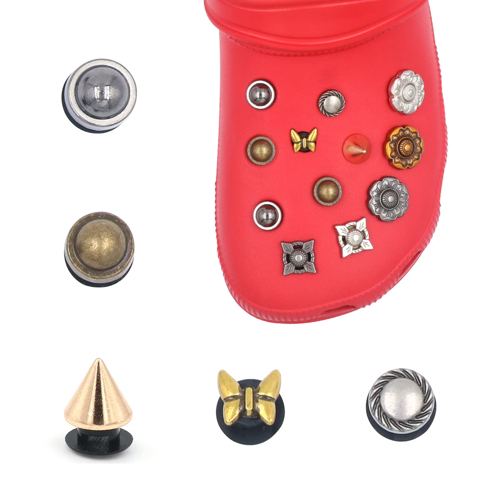 14 Pcs 1 Set Shoe クロックス  Accessories Charm Golden Silvery Gun Black Flowers Punk Style 지비츠 Detachable Hole Sandals Decorations