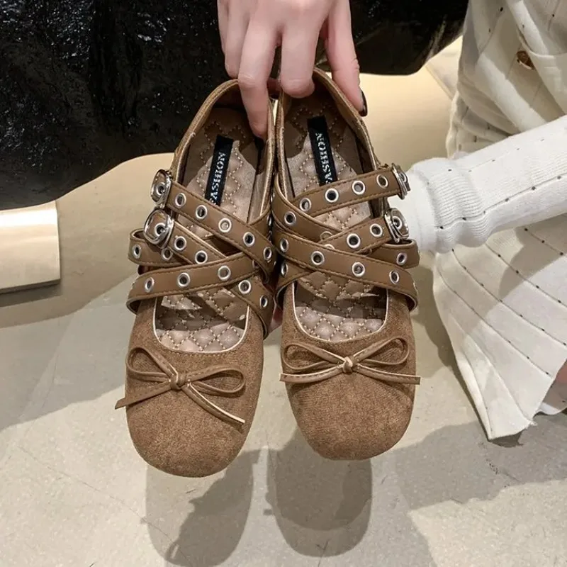 

Spring Autumn Shoes for Women Retro Ballet Flat Shallow Mouth Single Shoes Corss Belt Buckle Mary Jane Shoe Soft Sole Mocasines