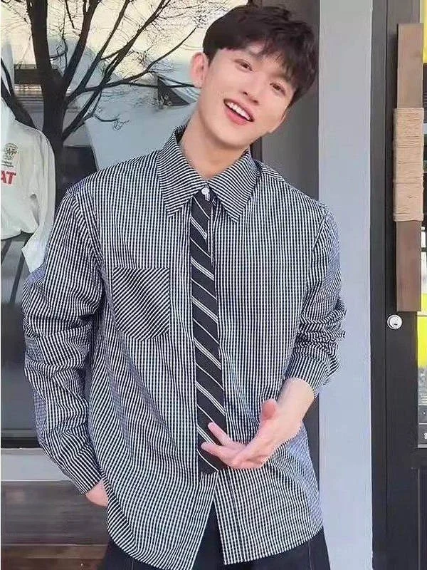 

Cleanfit Men's Plaid irt Spring Summer Trendy Brand Fake Tie Design Turn-down Collar Jaet Breathable Lightweight Long Sve