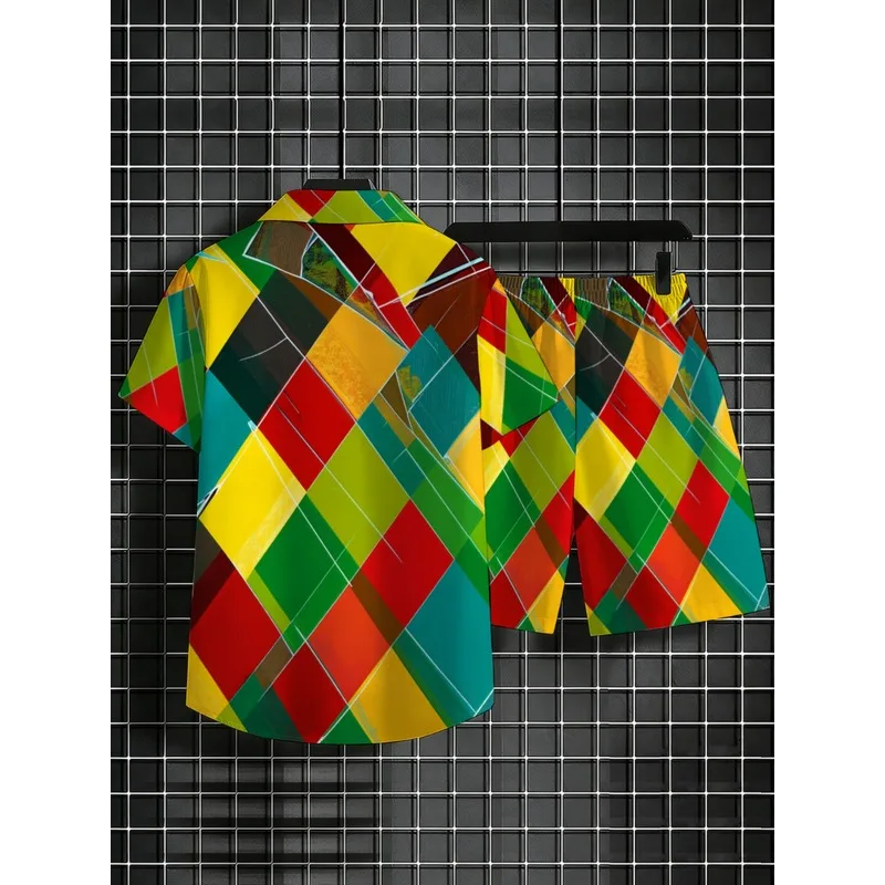 Men's Diamond Patterned Polyester Shirt Shorts Set Colorful No Texture Lightweight Durable Casual Beachwear for Summer view 4
