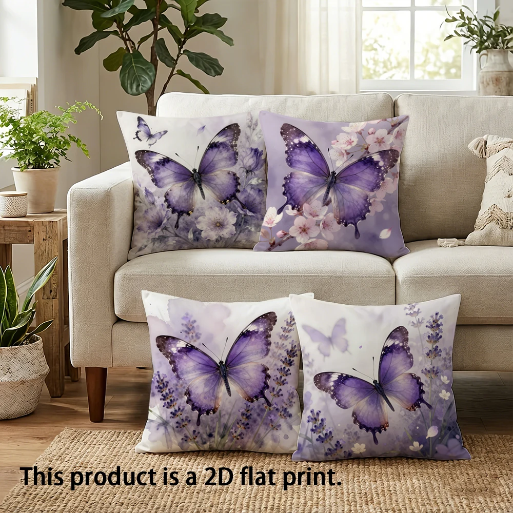 1/4pcs Purple Butterfly & Flower Printed Pillowcases Sofa cushion cover home bedroom room decoration