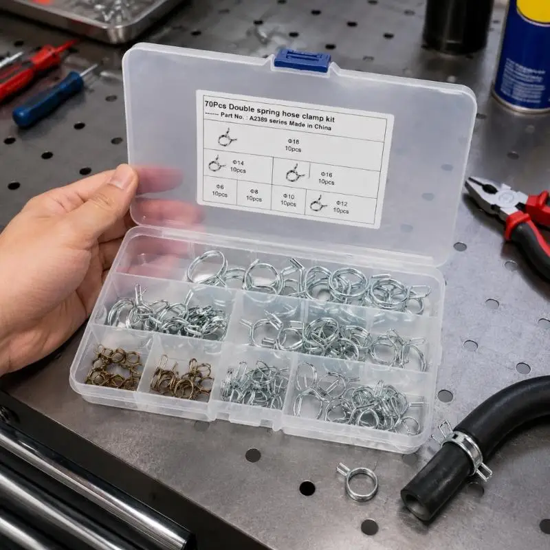 M76E 70-Piece Spring Hose Clip with 10 Pieces in Each of 7 Groups, Clear Divided Case, and Double Wire Construction for Vehicle