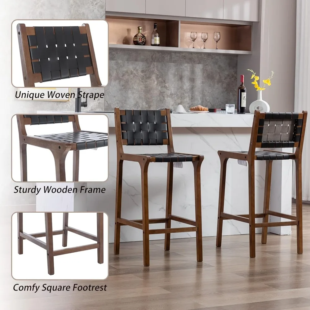 

Wood Bar Stools Set of 4 Modern 28.5" Bar Height Stool with PU Leather Woven Straps Seat & Open Back Walnut Wood Color Bar Chair