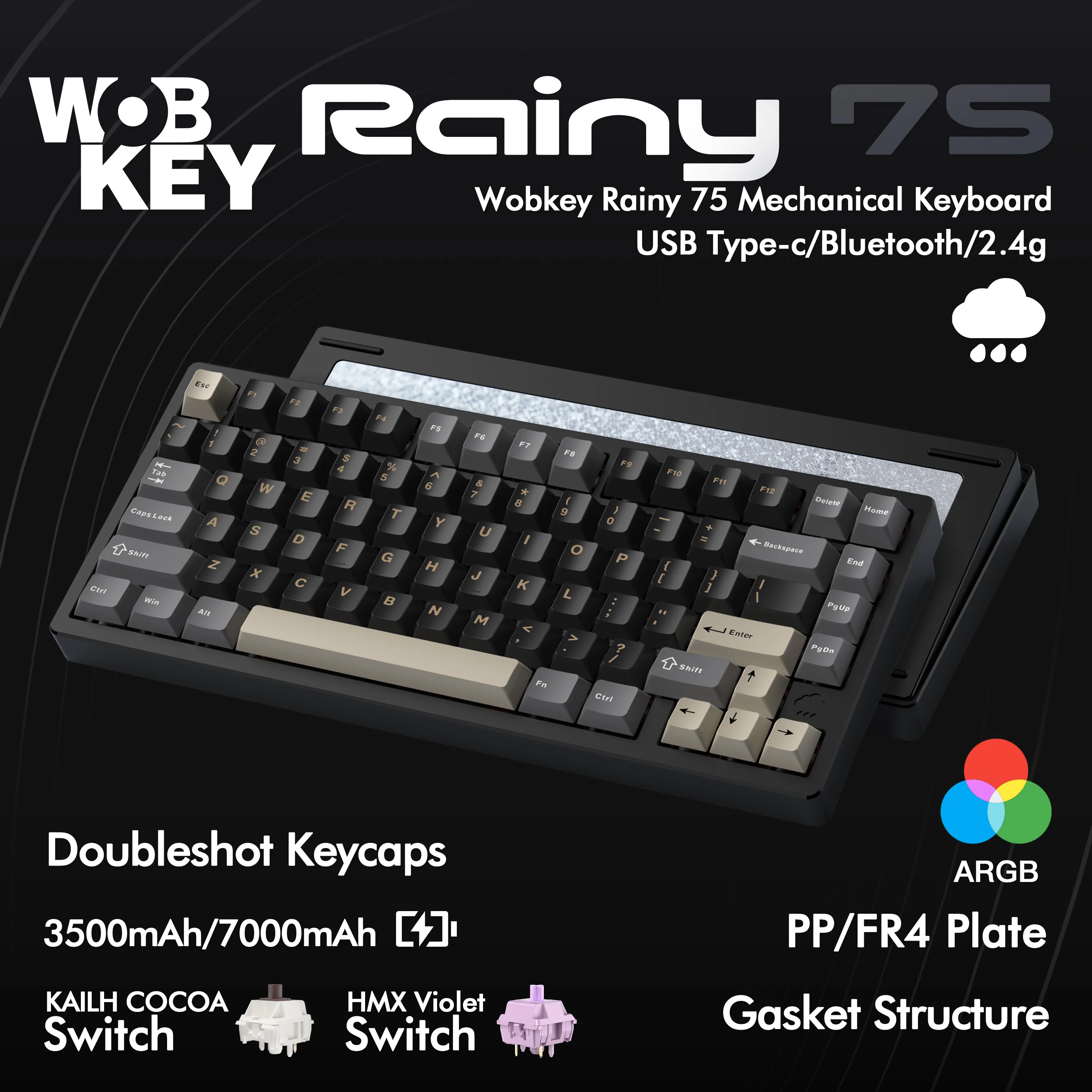

WOBKEY WOB Rainy75 Mechanical Keyboard 75% RGB Hot Swappable Wireless Wired Gaming Keyboard for Windows Mac