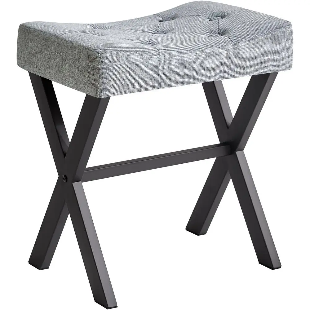 

U-Shaped Linen Vanity Stool, Square Makeup Chair with X-Leg, Ottoman Seat Footrest Stool, Multi-Use as Small Side Table, or Bedr