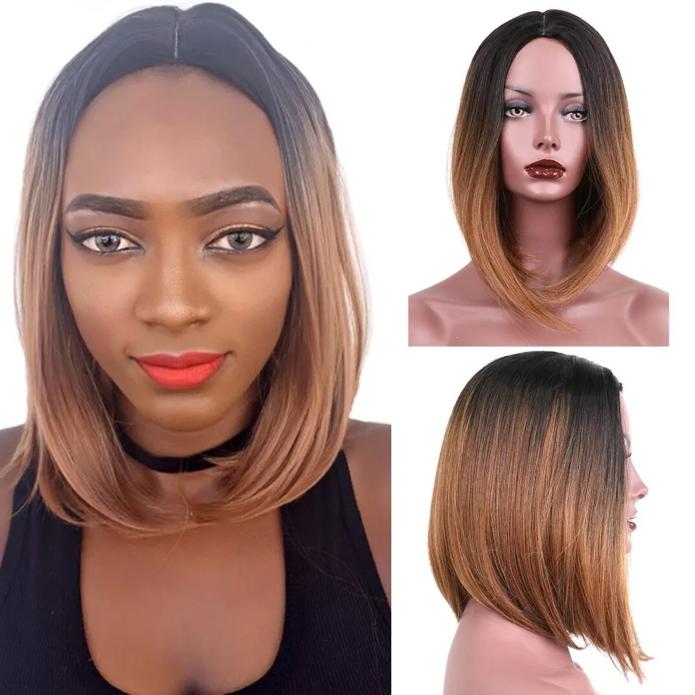 Ombre Grey Synthetic Wig with Dark Roots Short Bob Wigs for Women Black to Grey Wine Bob Ombre Wig Heat Resistant