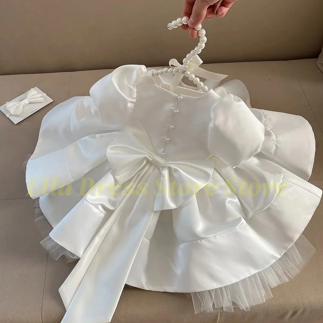 Großhandel Elegante Weiße Satin-Kleider für die Erstkommunion mit Schleife, Blumenmädchenkleider für Hochzeiten, Kindergeburtstage, Maßanfertigung – Detail 1