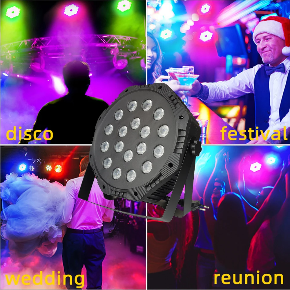 18 LED Stage Full Color Flat Par Lighting Effect RGBW 3IN1 DMX 512 DJ Disco Party Holiday Christmas Bar Club Wedding Show Lights