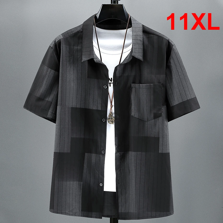 Summer Striped  Shirt for Men plus Size 10XL 11XL Hip Hop Style Fleece Lined Thickened Special Wide Fit Autumn Clothing
