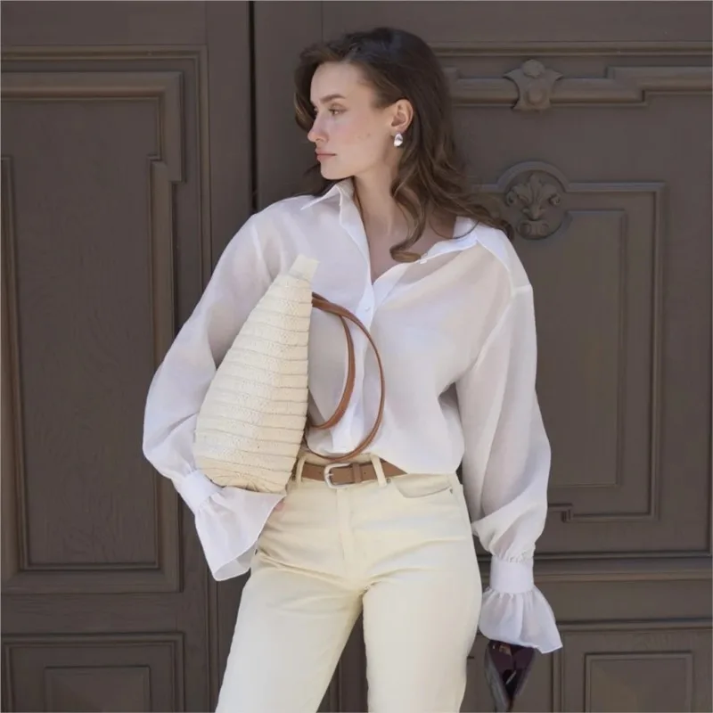 2025 Autumn New Commuting Flare Long Sleeve Shirt Button Office Wear Woman Blouse Loose Casual Women's Shirt White Pink Blusas