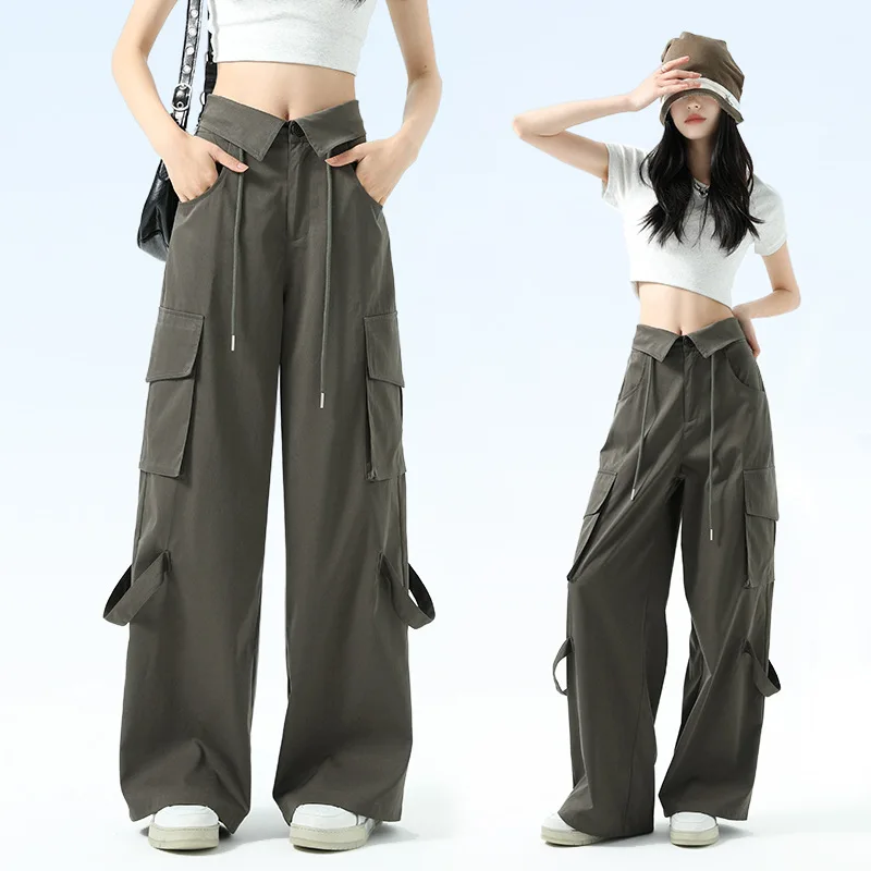 

High Waisted Lapel Work Pants 2025 Women's Summer Thin Style Quick Drying Spliced Straight Leg Sweatpants Casual Wide Leg Pants