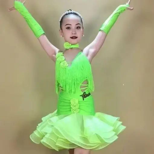 Kids Chacha Samba Rumba Latin Dance Competition Dresses Girls Halter Latin Dance Dress Child Stage Performance Costumes