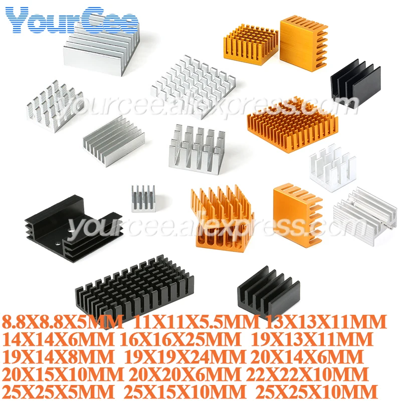 Disipador de Calor de Aleación de Aluminio, 10/2 Piezas, Plateado, 25X25X5, 20X20, 8.8X8.8X5, 11X11, 14X14, 19X13X11, 19X19X24mm