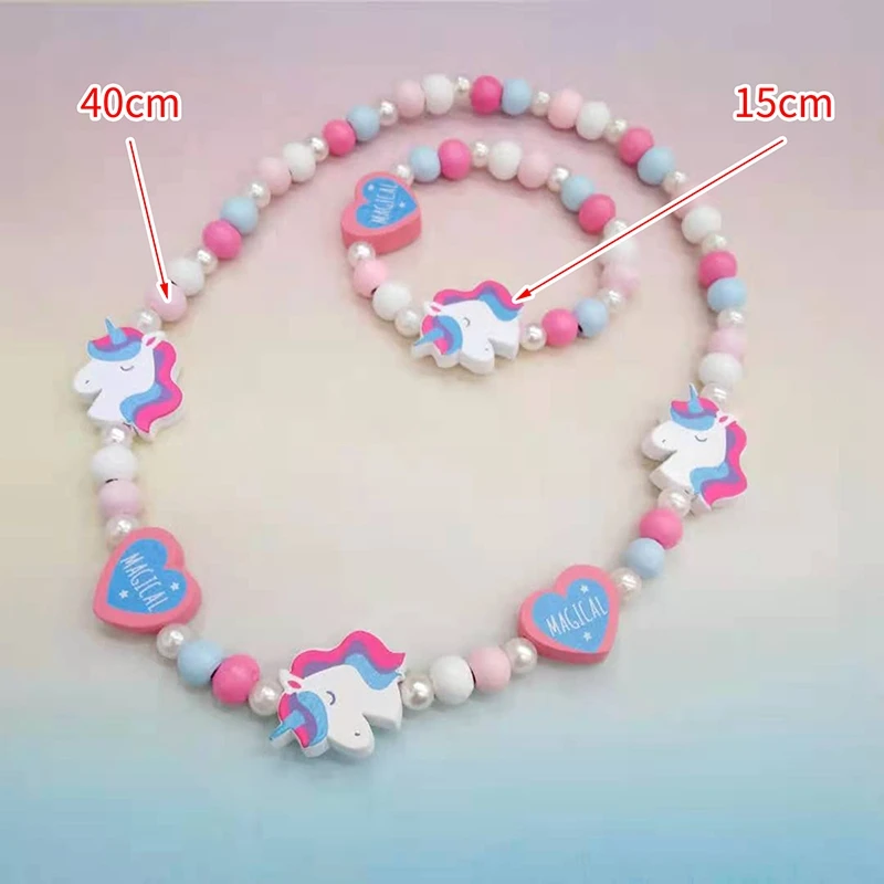 Cartoon Colorful Wooden Unicorn Flower Animal Child Sweater Necklace Bracelet Girl's Gifts Children's Jewelry Kids Toys 2pc