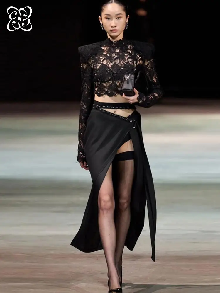 

Sexy Black Lace Two Piece Set For Women Long Sleeve Crop Top High Waist Skirt Outfit Elegant Party Set 2026 Hollow Out Clubwear