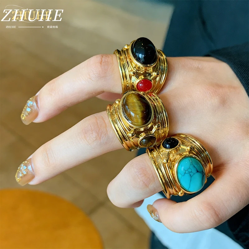 

Boho Copper Material Jewelry Accessories for Women and Men – Vintage Statement Rings with Natural Stone Inlays, Bohemian Unisex