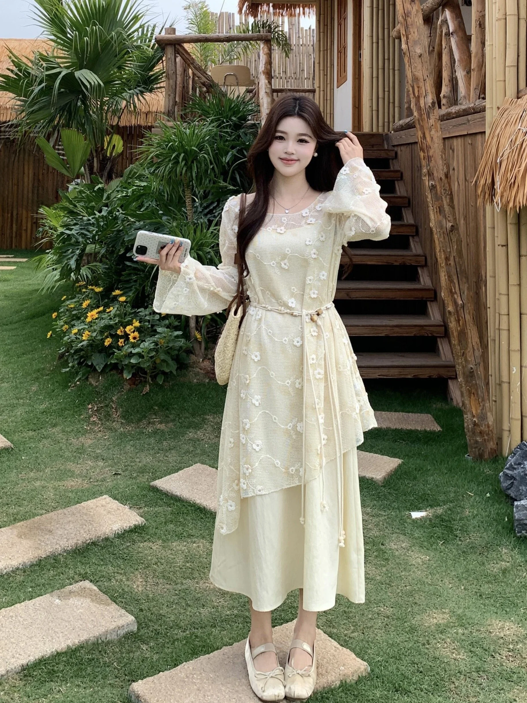 

plus Size Women's Gentle Gradient Hook Lace Hollow out Strap Dress Summer Slimming Waist A-Line Skirt Long Sleeve Mid-Length