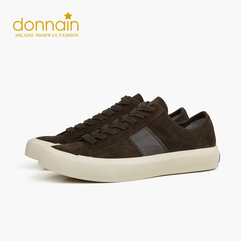 DONNAIN 2023 Coffee Sued Flat Casual Couple Genuine Leather Lace Up Unisex Sneakers Men Women Handmade Shoes Rubber Sole