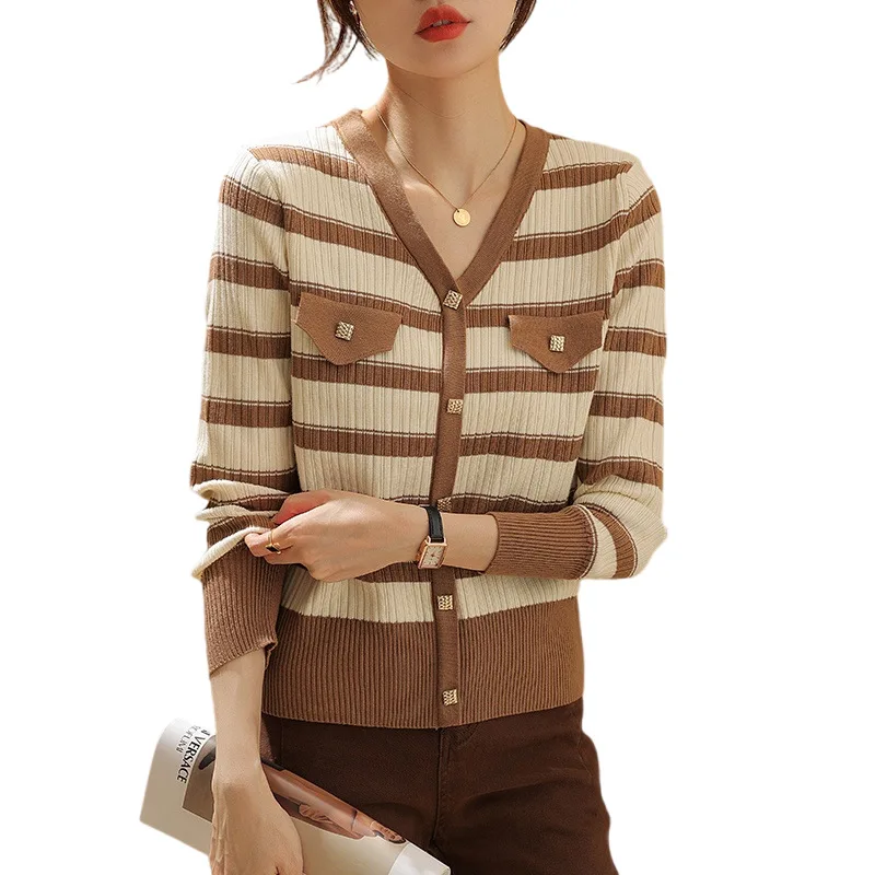 Women Autumn Winter New Fragrant Style V-Neck Stripe Thickened Knitted Sweater