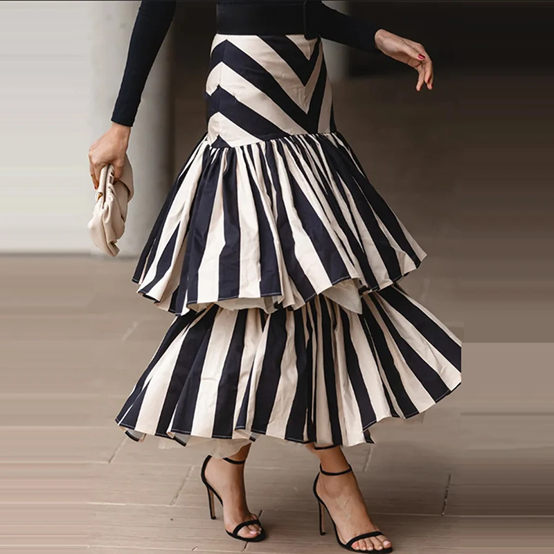 Elegant Temperament Party Women's Skirt Contrast Striped High Waist Commuting Long Skirt Double Layered Pleats Design Slim Skirt