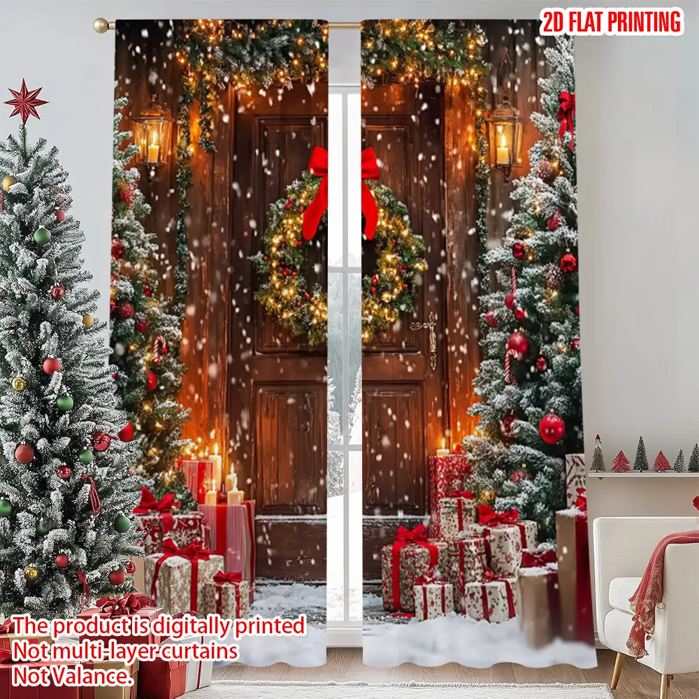 

2pcs 2D flat printing Christmas Party Curtain Snowflakes_ Christmas trees_ wreaths Durable 100% Polyester Fabric Without