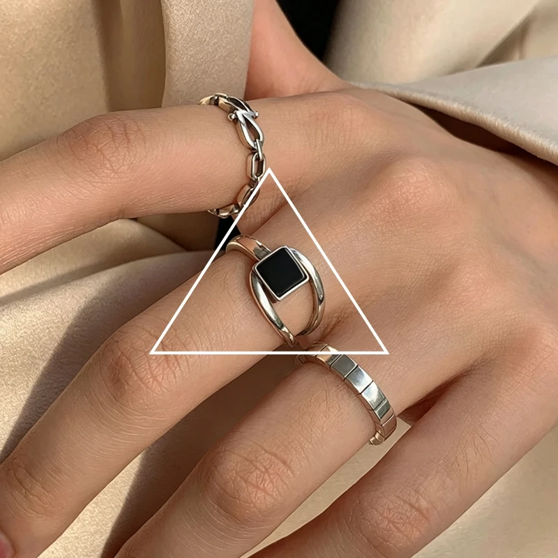Women's 925 Sterling Silver Adjustable Black Stone Stackable Ring